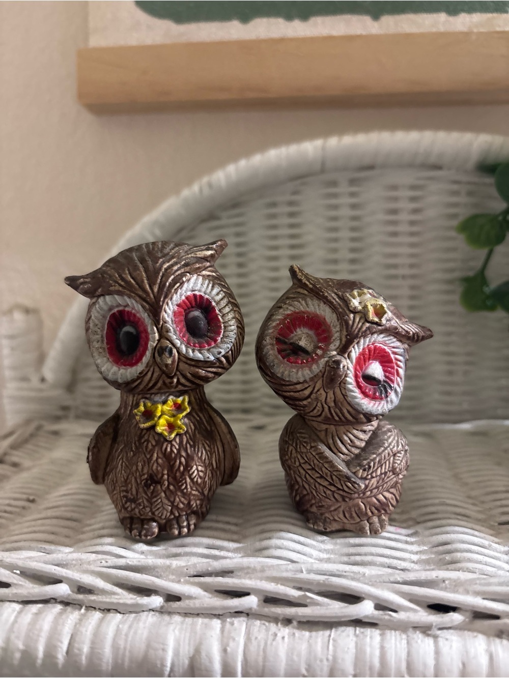 Vintage Ceramic Owl Salt & Pepper Shakers - Brown with Red Eyes